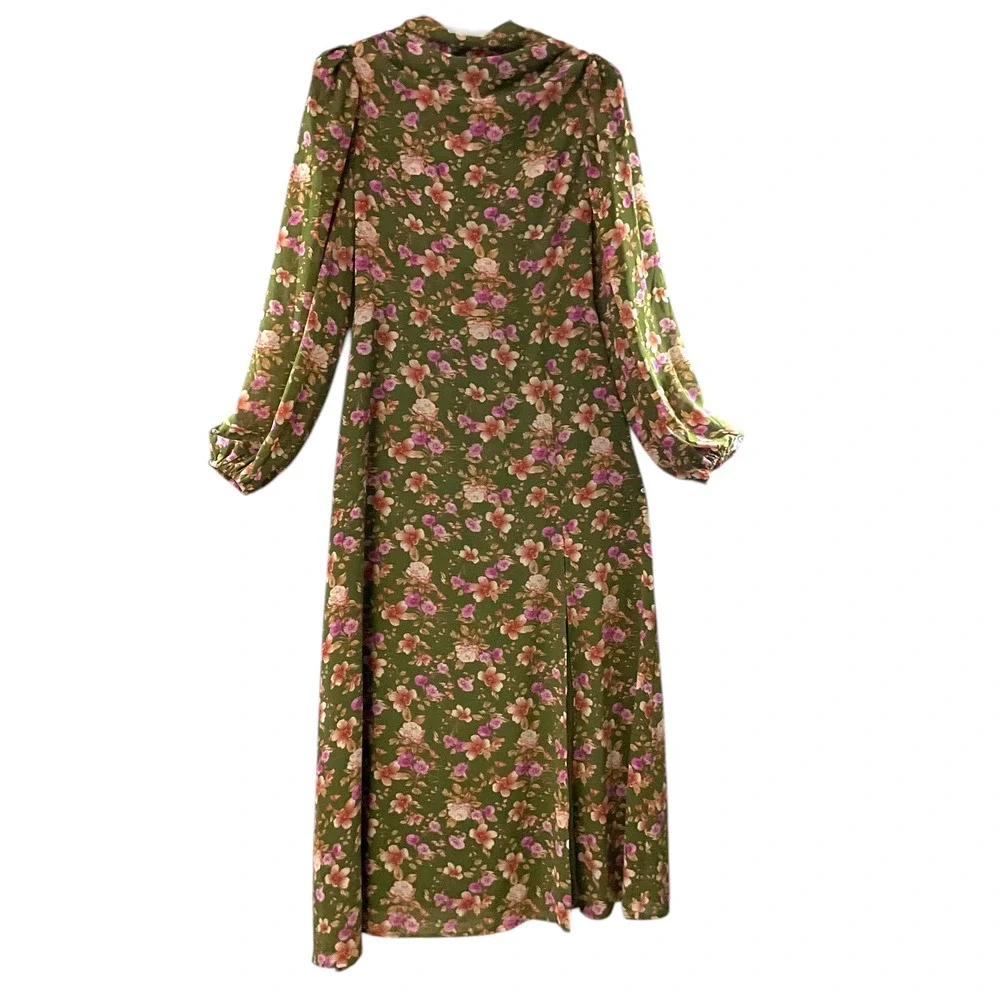 F21‎ Womens Olive Green Floral Open Back Tie Maxi Dress SZ  M Puff Sleeve NWT
